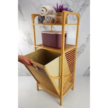 2 Organizer Raflı Ahşap Bambu Çek-aç Kirli Sepeti Sarı