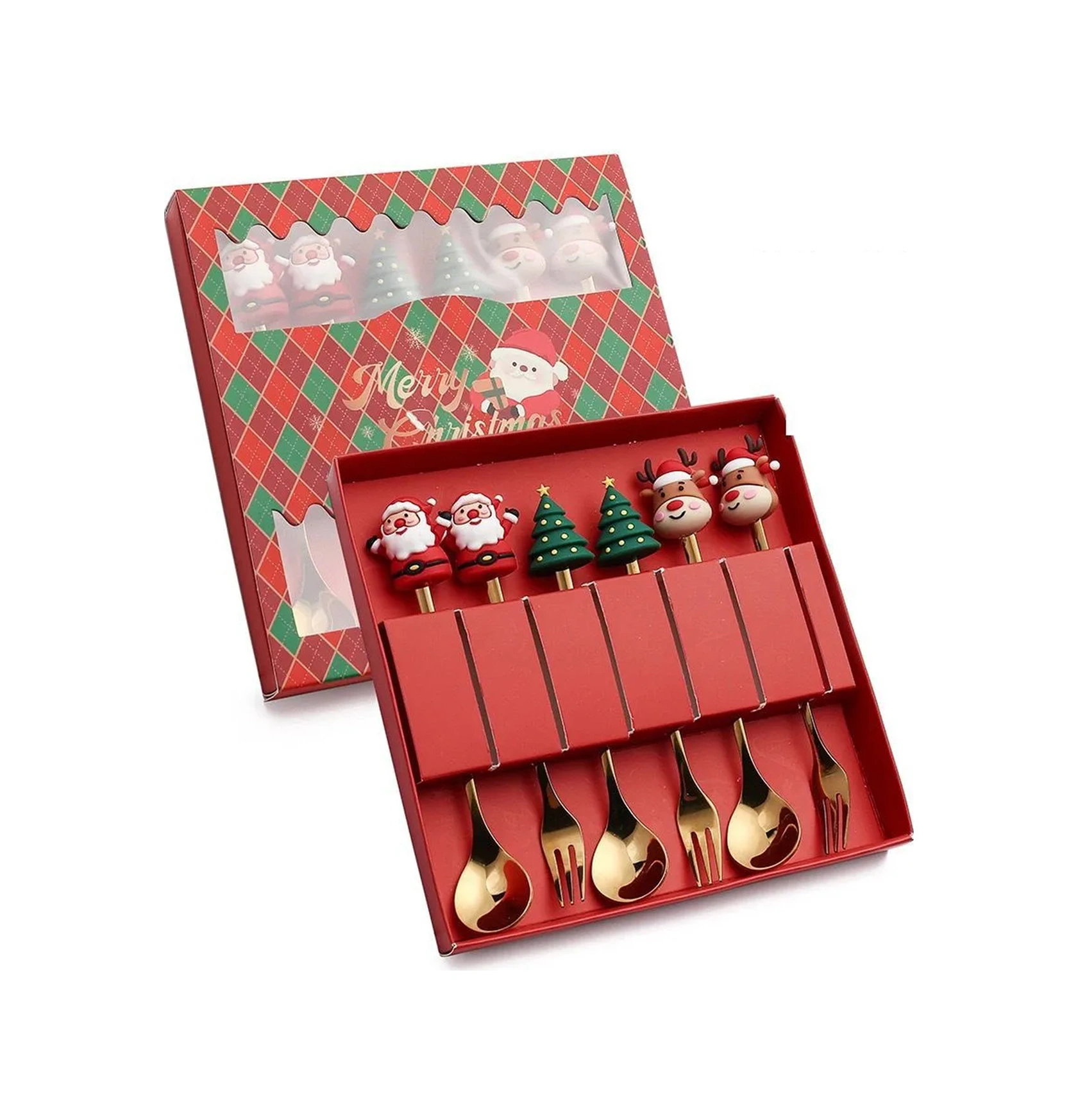 Dianziye Noel Güzellikli 6'lı Çatal-kaşık Seti, Paslanmaz Çelik 410, Kurutma Makinesine Uygun, Hediye Kutulu Tatlı Servisi Kırmızı