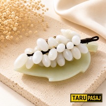 Doğal Oniks Taş Yaprak Tabak & 30 Taneli Üzüm Salkımı Feng Shui Dekor Objesi Beyaz