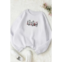 Unisex Beyaz London Baskılı Bisiklet Yaka Sweatshirt- Kışlık Şardonlu Kumaş Beyaz