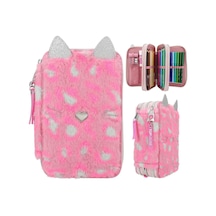 3 Katlı Pembe Peluş Kedili Kalem Kutu Pembe