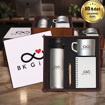 Logonuza Özel 10 Adet Ahşap Kutulu Gümüş Kurumsal Hediye Seti Cam Suluk, Seramik Fincan, Defter Ve Kalemli Promosyon Seti