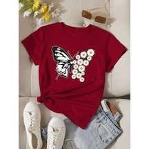 Flood Of Style Kadın Bordo Kelebek Papatya Baskılı Oversize