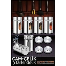 Cam+çelik Tuzluk Biberlik Karabiberlik 3 Farklı Delikli 5 Li Set 721945 Diğer
