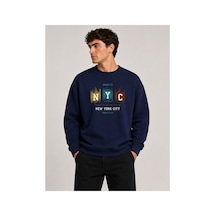 Herkesemoda Nyc Baskılı Bisiklet Yaka Şardonlu 2 İplik Sweatshirt Lacivert