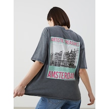 Lcw Vision Antrasit Amsterdam Baskılı Oversize %100 Pamuklu Kadın Tişört