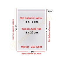 16x15+5 Cm. 16x20 250 Adet Şeffaf Bantlı Yapışkanlı Opp Poşet