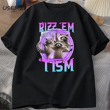 Flood Of Style Rizz Em Tism Rakun T-shirt Çöp Panda Komik Grafik T Shirt Erkekler Komik Pamuk Kısa Kollu Har Siyah