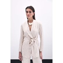 Sateen Kare Desenli Kuşaklı Ceket - Bej-135789 Bej