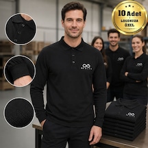 Logonuza Özel 10 Adet Siyah Polo Yaka Uzun Kol Tişört - Pamuk Unisex Kurumsal Tişört