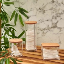 Ahşap Kapaklı 3'lü Organizer Set, Modern Pamukluk Düzenleyici Şık 3'lü Pamukluk Set - Şık Ve Fonksiyonel Ahşap Kapaklı 3'lü Organizer Set - Mutfak Ve Banyonuzu Düzenleyin Siyah