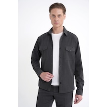 Comfort Fit Yan Cepli Esnek İnce Çizgili Siyah Gömlek Ceket G 1608