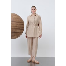 Loreen 20610 Kadın Beli Büzgülü Gizli Patlı Pantolonlu Takım Beige