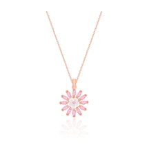 Gümüş Rose Pembe Zirkon Taşlı Manolya Çiçeği Kolye 925 Ayar St203
