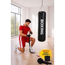 Boxing 70 Cm Gençlere Yönelik Hazır Dolu Boks Torbası Ve Zinciri - Hediye Boks Bandajı Siyah