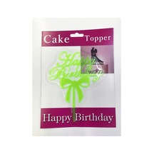 Happy Birthday Yazılı Fiyonklu Pasta Kek Çubuğu Yeşil Renk - Pasta Mumu - 13 Cm