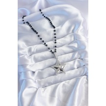Ezoconcept Gümüş Renk Siyah Boncuk Zirkon Taşlı Pirinç Yıldız Model Vip Seri Kadın Kolye Çok Renkli