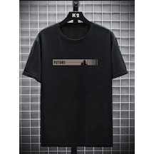 Erkek Tişört Futre Baskılı Kısa Kol Bisiklet Yaka T-shirt - Siyah