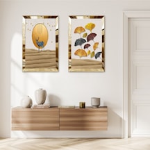 Gold Aynalı Pleksi Çerçeveli Soyut Arka Planlı Modern Geğik İkili Mdf Tablo Seti