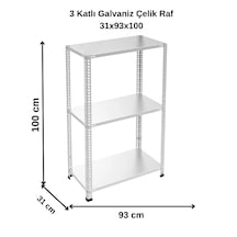 3 Katlı Galvaniz Çelik Raf - Depo, Arşiv, Kiler, Dosya, Market Rafı 31x93x100 Cm Gri