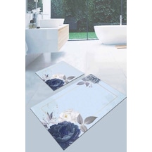 Eflatun Çiçek Temalı Banyo Halısı Klozet Paspas Seti Bs007n11