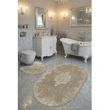 Milas Kaymaz Taban, Kadife Dantel Detaylı 2'li Süper Lüks Oval Banyo Paspası Seti, Kahverengi, 60x100 Cm Altın - Beyaz - Siyah