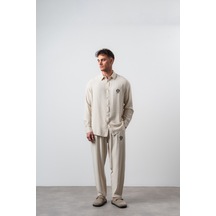 Erkek Keten Oversize Gömlek Pantolon Takım Bej