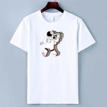 Tarzsokak Unısex Oversıze Pamuklu Astronot Baskılı Siyah Beyaz Indigo Renk T-shirt Beyaz
