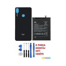 Redmi Note 7 Uyumlu Arka Cam Kapak Batarya Pil Kapağı Siyah + Note 7 Pil Batarya Bn4a + Montaj Set