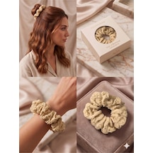 Bürümcük Dokulu Kumaş Hacimli Scrunchie Lastik Toka Farklı Renk Seçenekli Bej