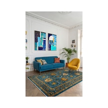 Vintage Makine Halısı Yıkanabilir Kaymaz Taban Şönil Salon Halısı 1111 Mavi Çok Renkli