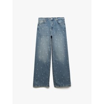 Koton Kalp Baskılı Normal Paça Pamuklu Bol Kalıp Denim Pantolon - Loose Straight Fit Jean Açık İndigo 5sal40220md Açık İndigo