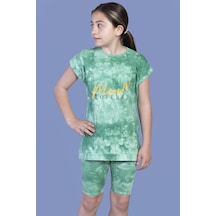 Toontoy Kids Kız Çocuk 2'li Takım Baskılı Bisiklet Yaka T-shirt & Basic Düz Crop Tayt Yeşil