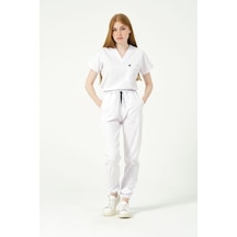 Beyaz Likralı Scrubs Jogger Paça Doktor Hemşire Forması Yarasa Kol Takım Unisex