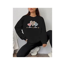 Herkesemoda Love Baskı Detaylı Bisiklet Yaka Sweatshirt Siyah