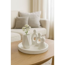 Aile Figürlü Dekoratif Set Modern Beyaz Tasarım 3 Lü Set + Vazo + Tepsi