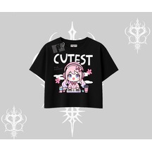 Tarzsokak Oversize Crop Tshirt Cute Anime Gamer Girl Baskılı Siyah