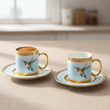 Stork Mavi Gold Renk Kuş Figürlü 6 Kişilik Porselen Kahve Fincan Takımı - 90 Ml. Mavi - Beyaz