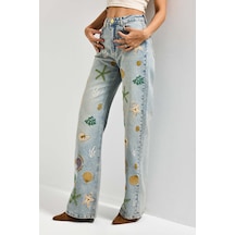 Itsbasic Kadın Kot Rengi 4s6-65 Straight Fit Elastan Kumaş Özel Desen Nakışlı Tasarım Denim Jean Mavi
