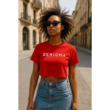 Markapia Kadın Bisiklet Yaka Kısa Kollu Crop T-shirt Kırmızı