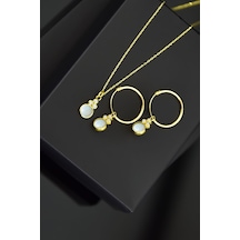 Papatya Silver 925 Ayar Gümüş Gold Kaplama Beyaz Opal Yuvarlak Kolye ve Çift Halka Küpe