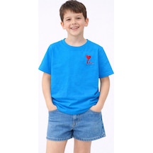 Erdem Kıds Kız Erkek Çocuk Oversize Nakışlı Pamuklu Unisex Yazlık T-shirt Mavi Mavi