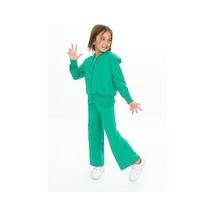 Toontoy Kids Toontoy Kız Çocuk 2'li Takım Kapüşonlu Fermuarlı Sweatshirt & Beli Lastikli Bol Paça Cepli Eşofman Altı - 2 İplik Çimen Yeşili