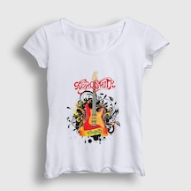 Presmono Kadın Gitar Aerosmith T-shirt Beyaz