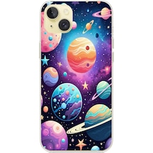 Apple Uyumlu iPhone 15 Plus  Uzay, Gezegen Ve Yıldız Desenli Baskılı Silikon Kılıf Renkli