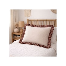 Fırfırlı Yastık Kılıfı Pötikare Desen Düz Renk Kenar Detaylı Tek Kişilik 50x70 Cm Kahverengi