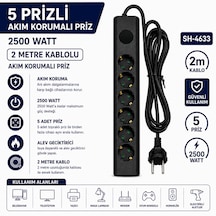 Sh-4633 5 Li Akım Korumalı Priz 2500w 2 Metre Kablolu Anahtarlı Topraklı Çoklu Grup Priz Uzatma Kablosu 2 M