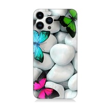 Apple Uyumlu iPhone 13 Pro Max Silikon Kılıf Mavi Yeşil Pembe Kelebekler Ve Beyaz Taşlar
