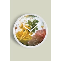 Sanatsal Çiçek Tasarımlı Modern Duvar Saati - 42cm - Önü Camlı Beyaz Kasa - Sessiz Mekanizma Beyaz