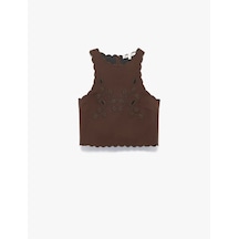 Koton Halter Yaka Kolsuz Nakış Detaylı Viskon Keten Karışımlı Crop Bluz Kahverengi 5sak30117ew Kahve